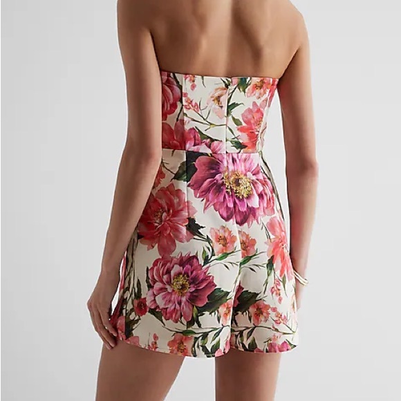 Express Floral Romper Satin Floral Strapless Tie Waist Romper Satin Romper - Picture 2 of 6